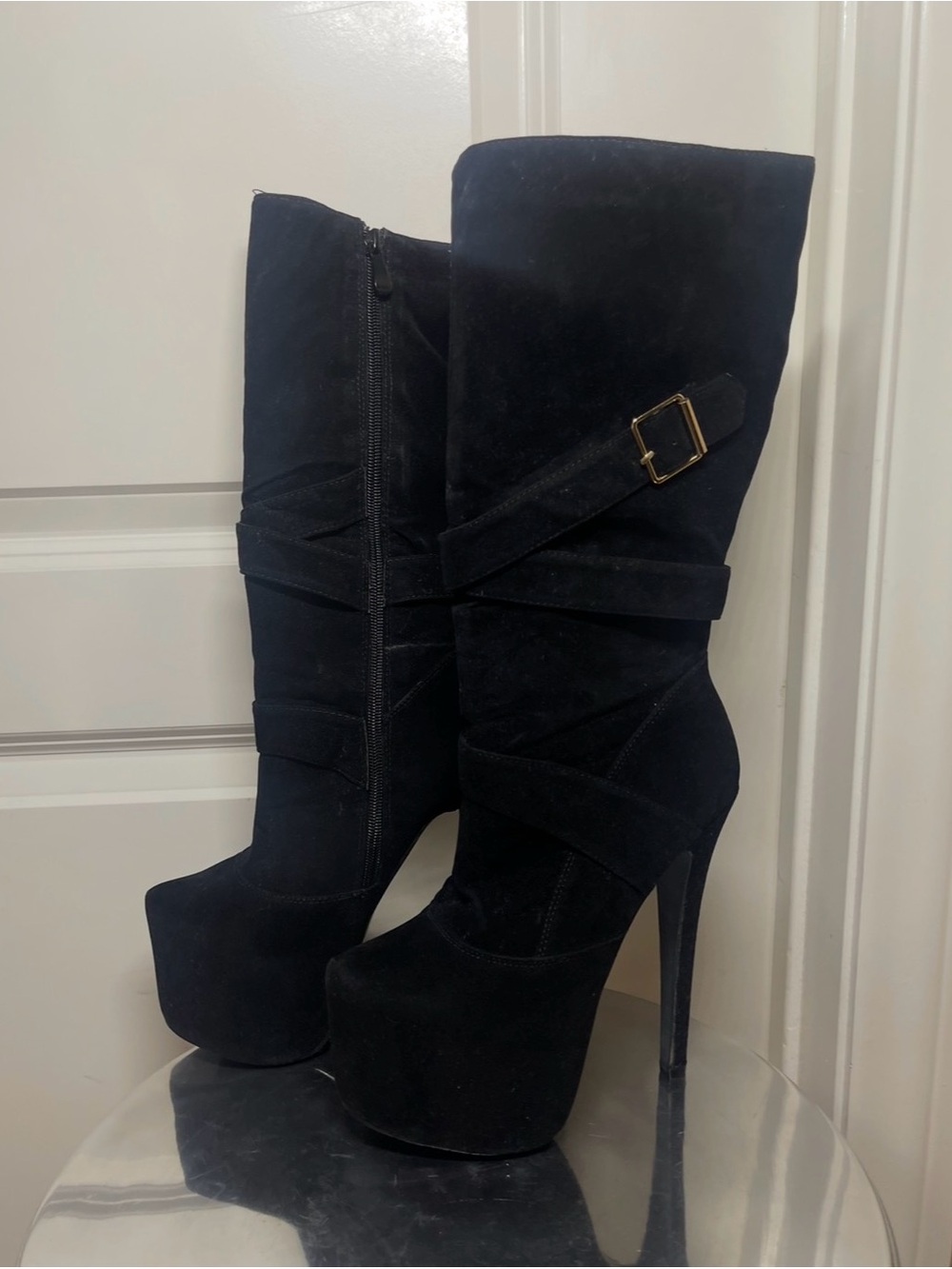 Black Faux Suede Knee High Platform Stiletto Boots Gold Buckle Womens 6.5